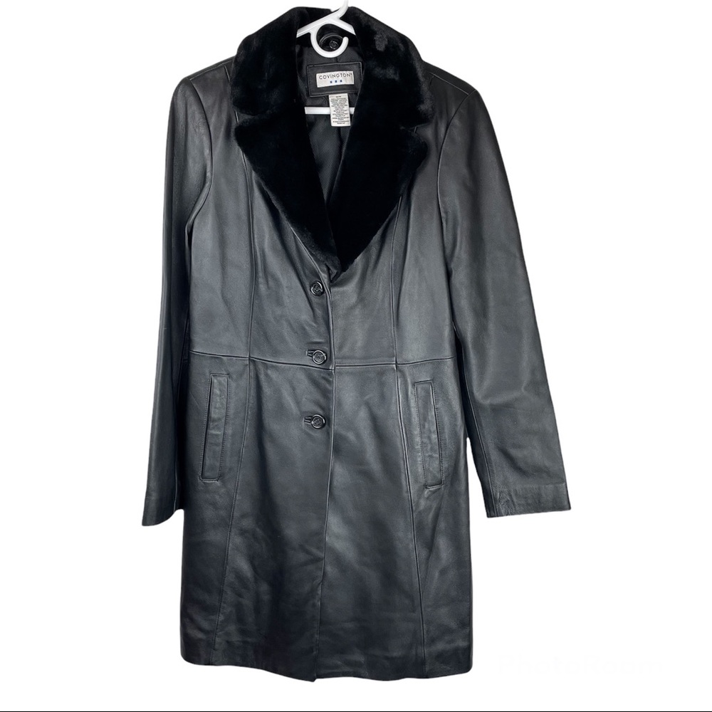 Y2K Long Black Leather Jacket Button Front Trench Sz Medium Faux Fur Collar
